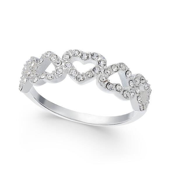 Charter Club Fine Silver Plate Pavé Open Heart Ring Anniversary Gift Size 7 - Picture 1 of 6